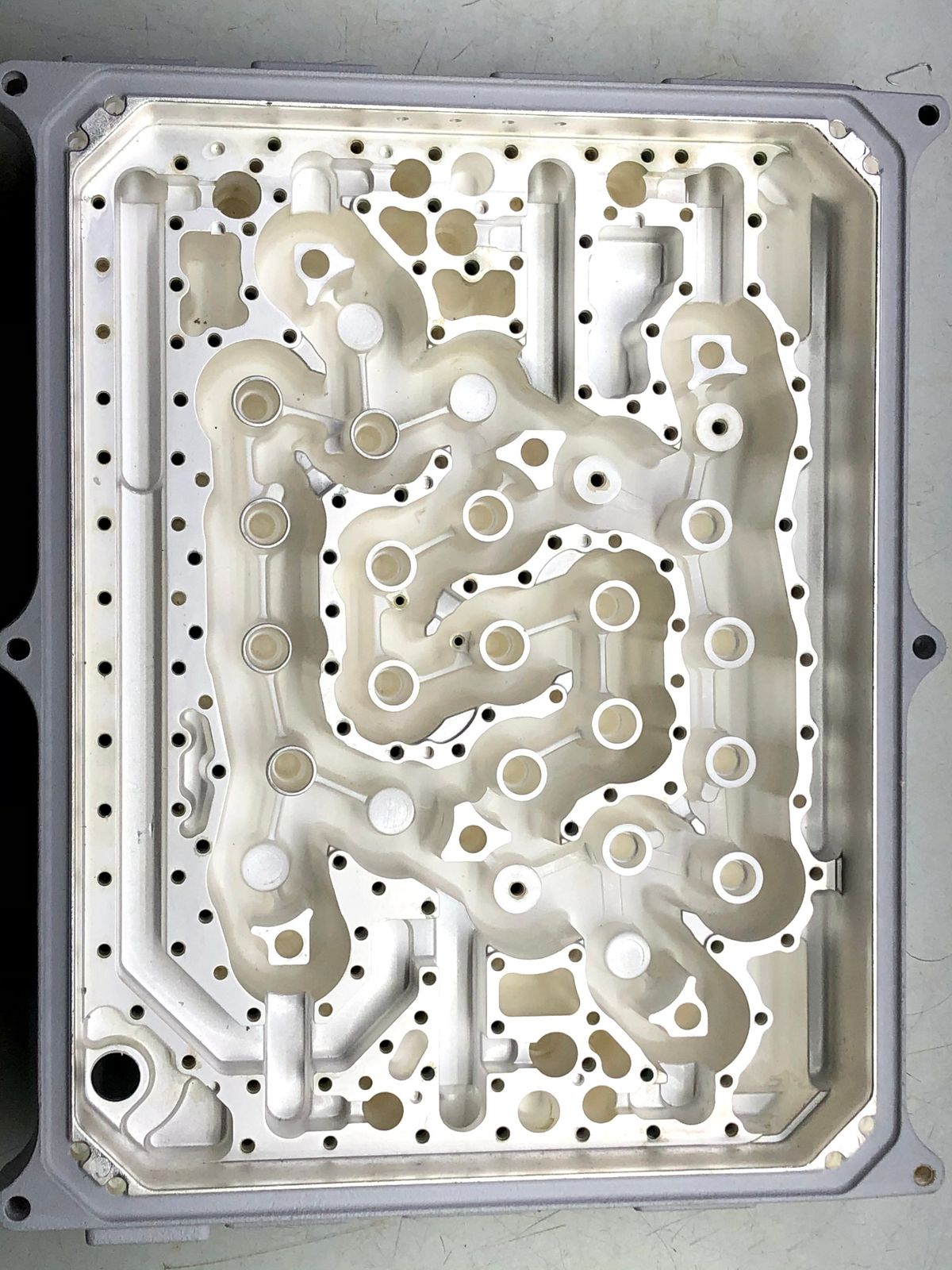 Inside of a silver-plated RF filter housing, seen from above